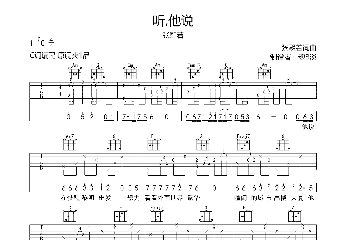 张熙若《听 他说》吉他谱C调六线谱(图)1