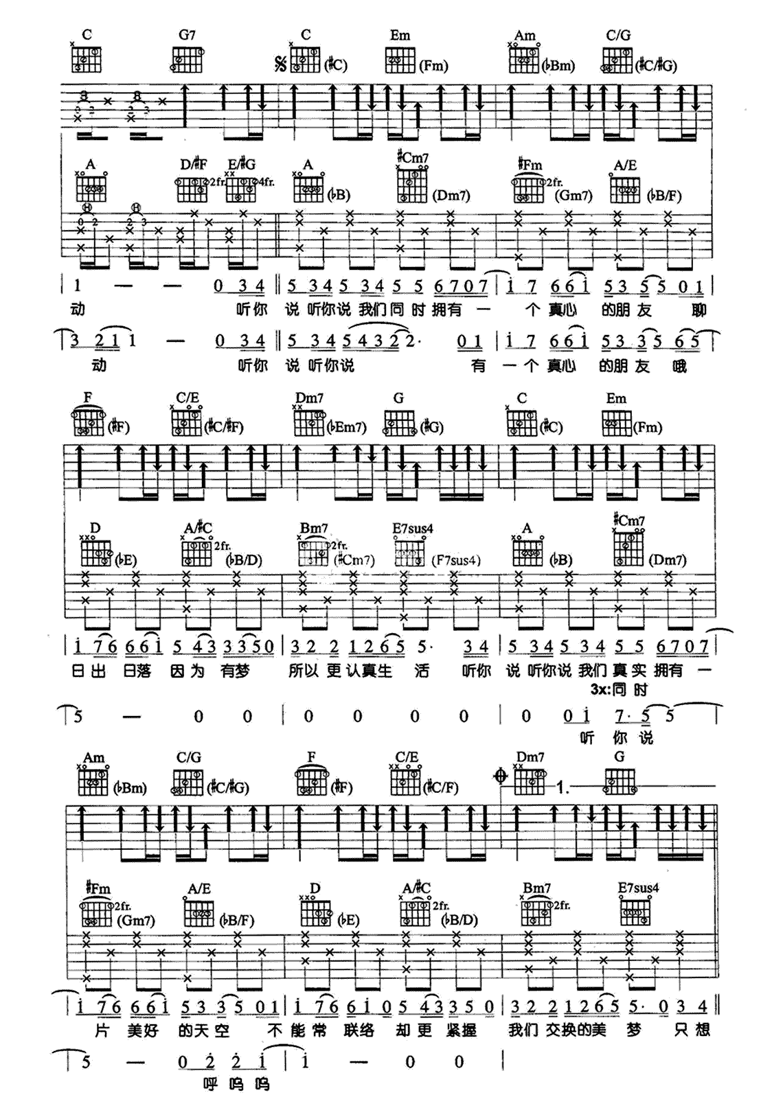 郁可唯,杨菲洋《听你说》吉他谱C调六线谱(图)1