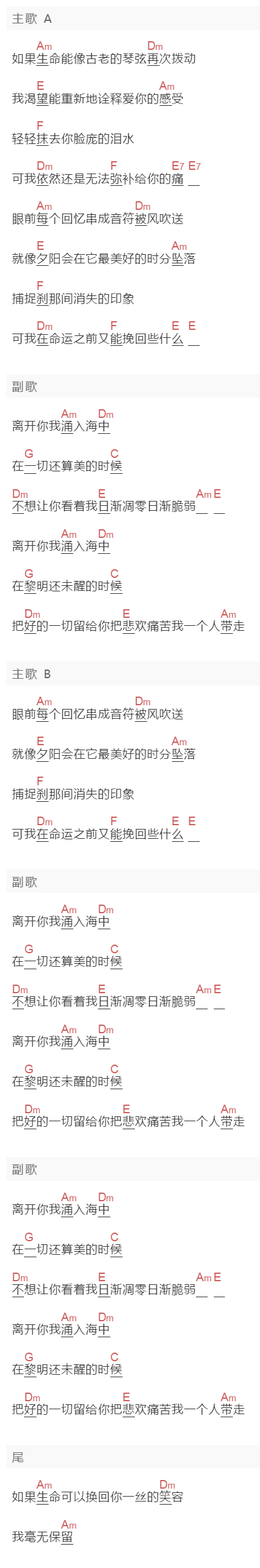 童安格《听海的歌》吉他谱C调和弦谱(txt)1