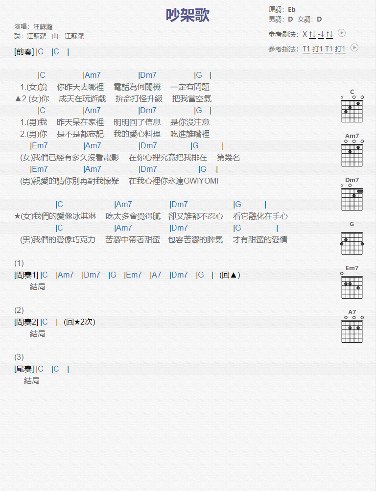 汪苏泷《吵架歌》吉他谱C调和弦谱(txt)1