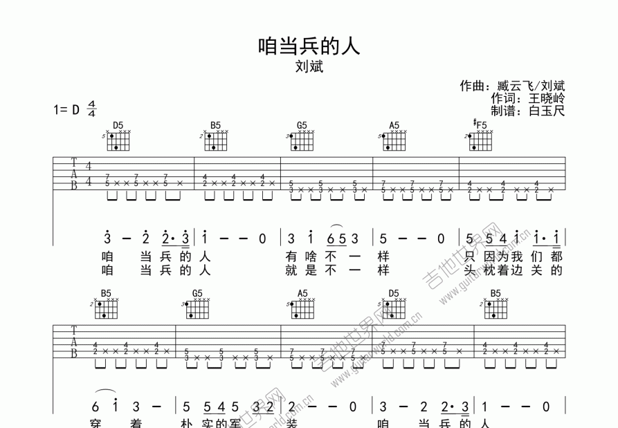 刘斌《咱当兵的人》吉他谱D调六线谱(图)1