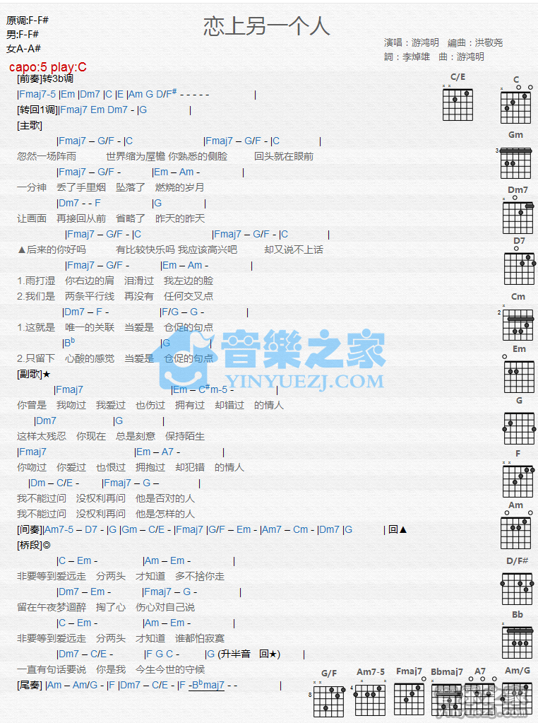 游鸿明《恋上另一个人》吉他谱C调和弦谱(txt)1