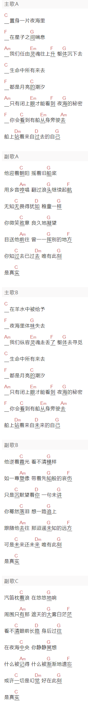 《夜海的秘密》吉他谱C调和弦谱(txt)1