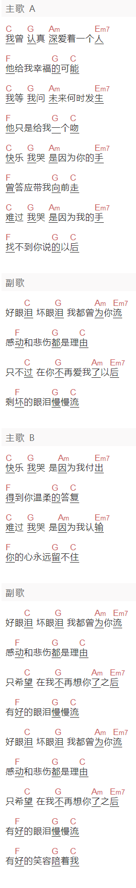 徐若瑄《好眼泪坏眼泪》吉他谱C调和弦谱(txt)1