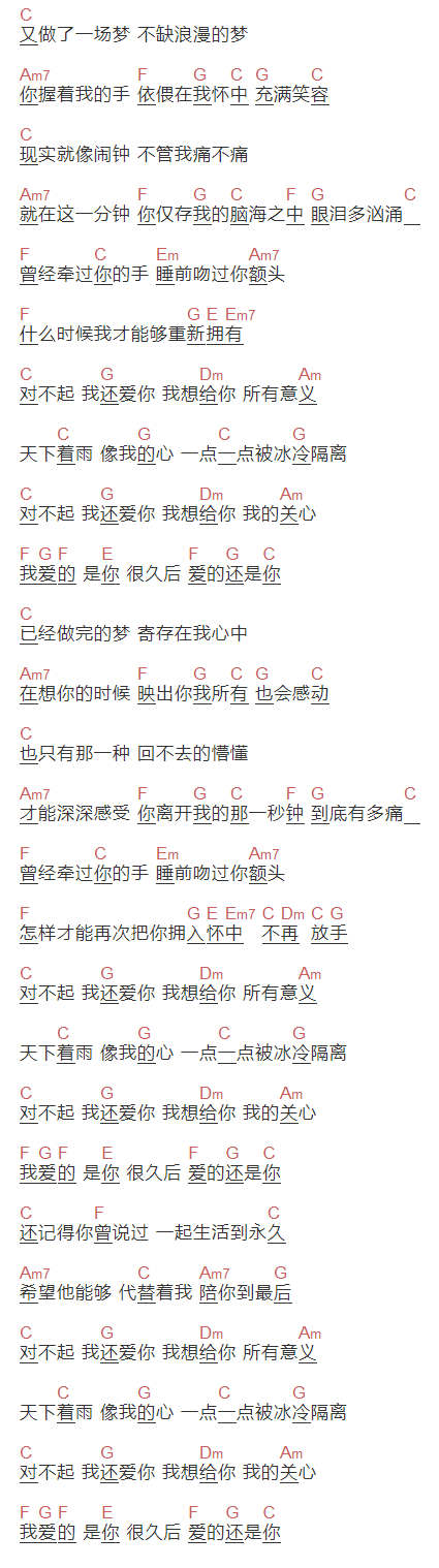 回音哥《对不起，我还爱你》吉他谱C调和弦谱(txt)1