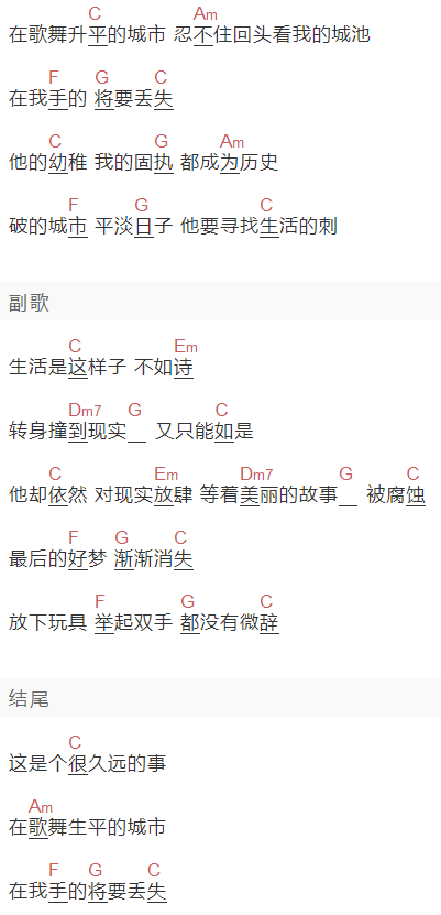 宋冬野《平淡日子里的刺》吉他谱C调和弦谱(txt)1