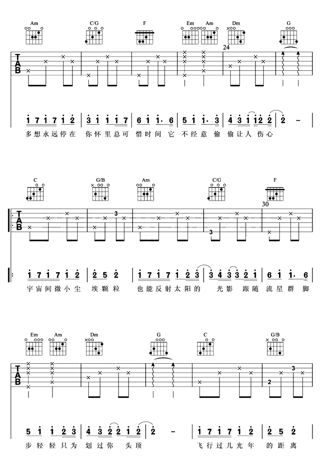 《小流星》吉他谱C调六线谱(图)1