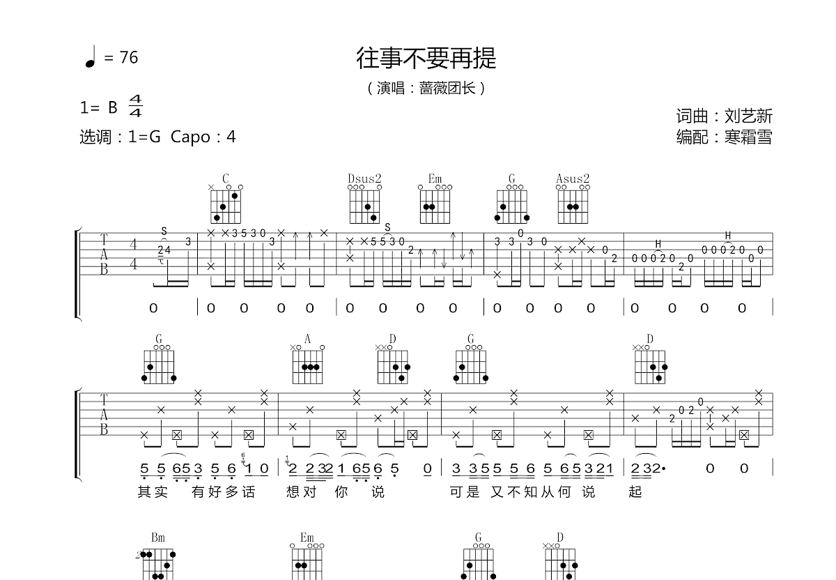 《往事不要再提》吉他谱C调六线谱(图)1