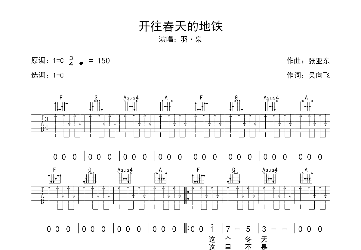 羽泉《开住春天的地铁》吉他谱C调六线谱(图)1